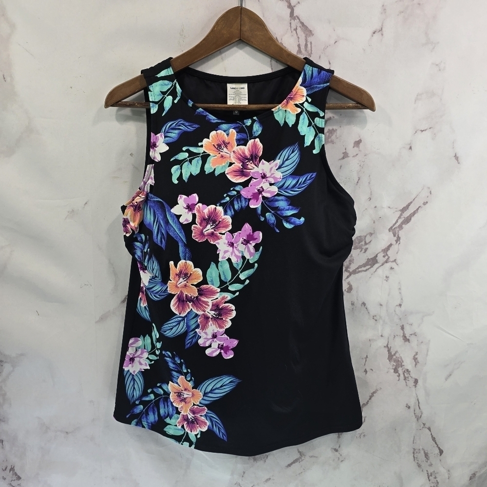 Lands End Swim Women M 10 DD Black Floral High Neck Tankini Top Bathing Suit